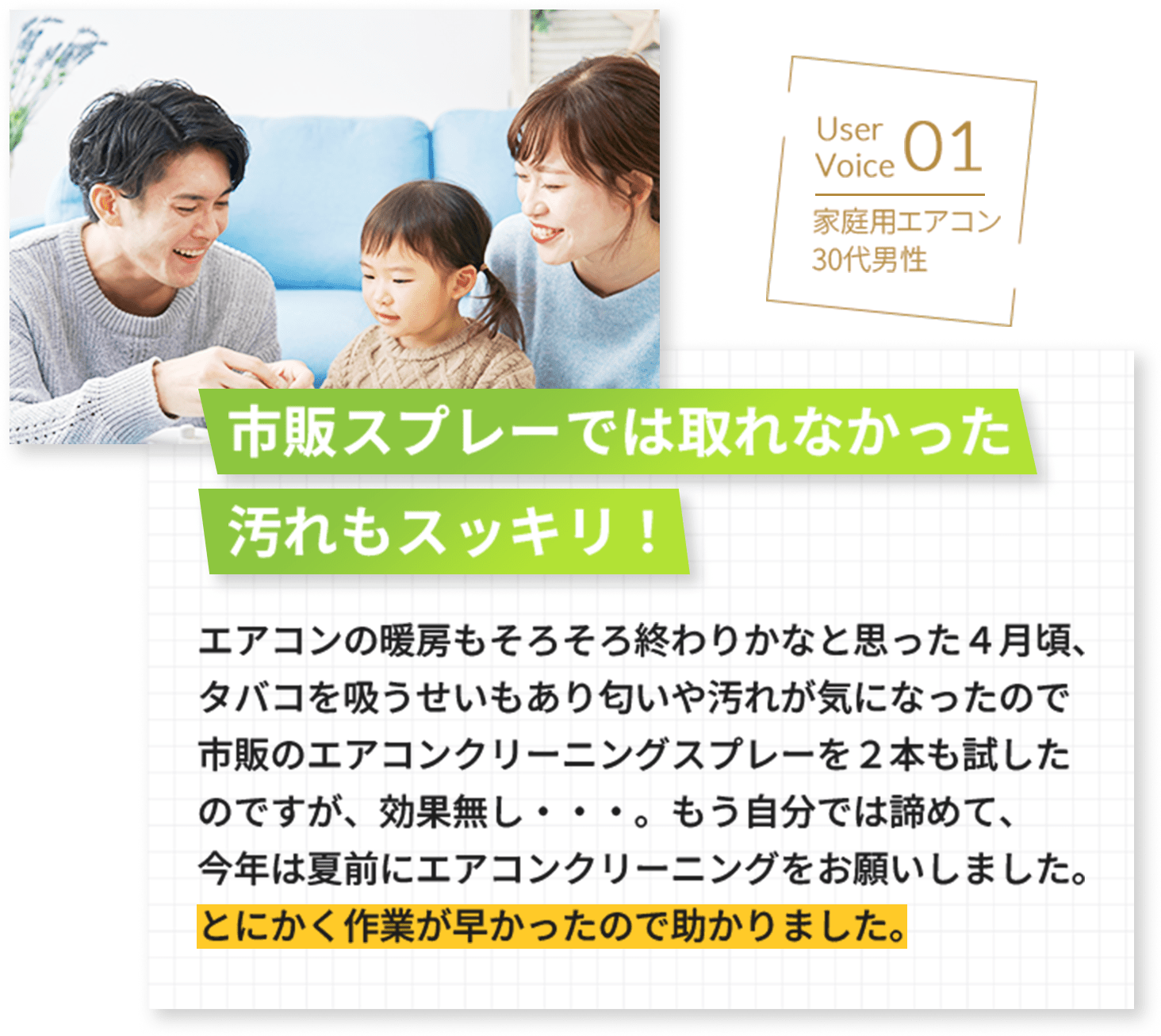 家庭用エアコンのクリーニング体験談。市販スプレーでは取れなかった汚れもスッキリ、作業が早く助かったという内容。